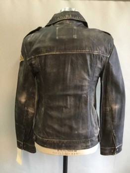 Mens, Leather Jacket, Guess Jeans, Brown, Leather, Solid, Small, Long Sleeves, Zip Front, 4 Pockets with Zippers, Shoulder Epaulets, Assorted Patches On Pockets and Sleeve, Silver Grommets, Snap Cuffs, Distressed Leather