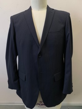 Mens, Suit, Jacket, MOORS, Navy Blue, Wool, Stripes - Vertical , 42R, 2 Button, Flap Pocket, Double Vent