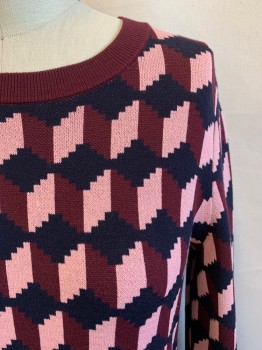 Womens, Pullover, ANN TAYLOR, Red Burgundy, Navy Blue, Pink, Synthetic, Geometric, S, Crew Neck, Long Sleeves, Folded Cuffs