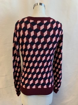 Womens, Pullover, ANN TAYLOR, Red Burgundy, Navy Blue, Pink, Synthetic, Geometric, S, Crew Neck, Long Sleeves, Folded Cuffs