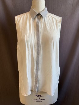 Womens, Blouse, FRAME, White, Silk, Solid, L, Gray Collar & Placket Trim, Collar Attached, Button Front, Sleeveless