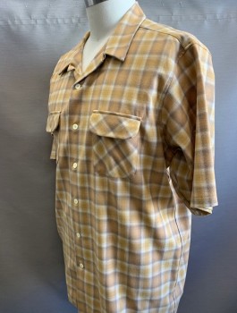 PENDLETON, Dijon Yellow, Taupe, White, Wool, Plaid, Short Sleeves, Button Front, Collar Attached, 2 Patch Pockets