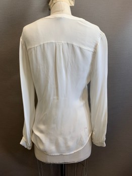 Womens, Blouse, JOIE, Off White, Silk, Solid, S, Band Collar, Half Button Placket, Long Sleeves, 2 Pockets *Rust Stains at Right Back Hem*