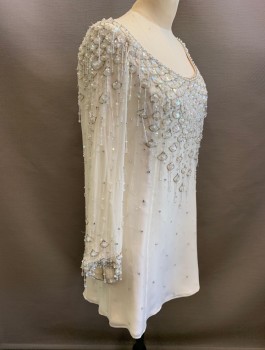 Womens, Cocktail Dress, N/L, White, Clear, Silver, Silk, Beaded, Fish Scales, Dots, B:34, Chiffon with Beaded Detail, Hanging Beaded Fringe, Long Sleeves, Scoop Neck, Shift Dress, Hem Mini,  Invisible Zipper in Back