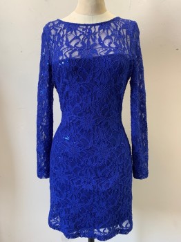 Womens, Cocktail Dress, JS COLLECTION, Royal Blue, Nylon, Polyester, Floral, 4, Long Sleeves, Center Back Zipper, Sequins, Lace,