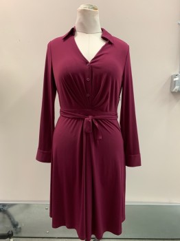 LONDON TIMES, Cranberry Red, Polyester, Spandex, Solid, Pull On, L/S, V-N, Side Zip, 3 Buttons, C.A., Attached Waist Tie. Pleats CF Waistband,