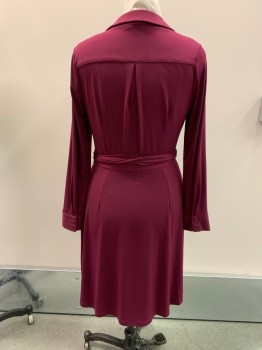 LONDON TIMES, Cranberry Red, Polyester, Spandex, Solid, Pull On, L/S, V-N, Side Zip, 3 Buttons, C.A., Attached Waist Tie. Pleats CF Waistband,