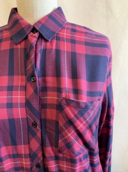 Rails, Navy Blue, Raspberry Pink, Rayon, Plaid, L/S, Button Front, Collar Attached, Chest Pocket