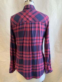 Rails, Navy Blue, Raspberry Pink, Rayon, Plaid, L/S, Button Front, Collar Attached, Chest Pocket