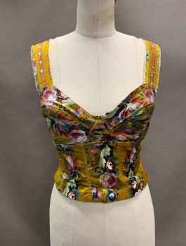 Womens, Top, PILICRO, Amber Yellow, Multi-color, Cotton, Viscose, Floral, 4, V-N, Slvls, Side Zipper, Velour, White Frayed Trim, Light Purple, Violet, And Burgundy Flowers