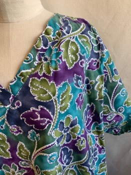 LANDAU, Purple, Teal Blue, Olive Green, Dk Blue, White, Cotton, Floral, V-neck, Short Sleeves Purple, Olive, Teal Blue Floral Pattern, 4 Pockets