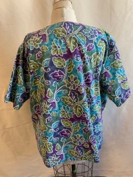 LANDAU, Purple, Teal Blue, Olive Green, Dk Blue, White, Cotton, Floral, V-neck, Short Sleeves Purple, Olive, Teal Blue Floral Pattern, 4 Pockets