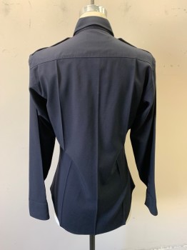 LONG BEACH, Navy Blue, Polyester, Collar Attached, Button Front & Zip Front, Long Sleeves, Epaulets, Bat-Wing Pockets *Missing Buttons on Pockets & Epaulets