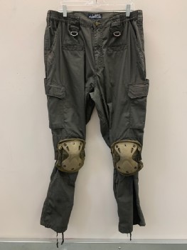 Mens, Sci-Fi/Fantasy Pants, LAPG, Dk Olive Grn, Polyester, Cotton, Solid, 30/32, F.F, Zip Front, Cargo Pockets, Stretchy Waist Band, Belt Loops, Knee Pads