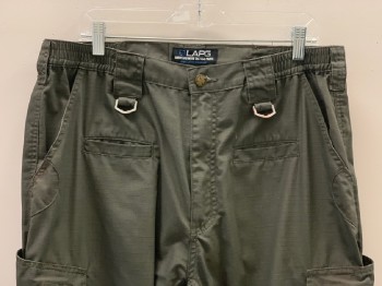 Mens, Sci-Fi/Fantasy Pants, LAPG, Dk Olive Grn, Polyester, Cotton, Solid, 30/32, F.F, Zip Front, Cargo Pockets, Stretchy Waist Band, Belt Loops, Knee Pads