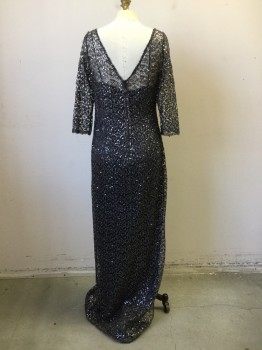 Womens, Evening Gown, N/L, Gray, Silver, Silk, Sequins, W 32, B 38, Dark Gray Spaghetti Strap Slip Dress with Novelty Knit Overlay with Silver Sequins, Scoop Neck with 3/4 Sleeve, Floor Length Hem, Back Zipper