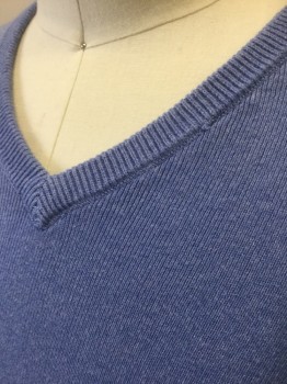 Mens, Pullover Sweater, CALVIN KLEIN, Periwinkle Blue, Cotton, Modal, Solid, L, Knit, V-neck, Long Sleeves, Rib Knit Cuffs, Waist and Neck