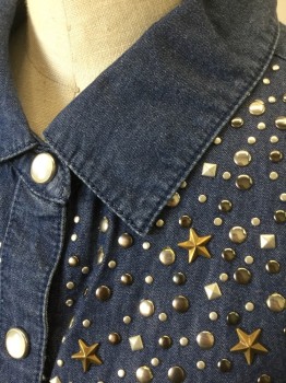 AQUA, Denim Blue, Silver, Gold, Cotton, Metallic/Metal, Solid, Medium Blue Denim Chambray, Sleeveless, Smoke Gray Snaps at Center Front, Collar Attached, Silver and Gold Metal Studded Detail at Shoulders, Silver Circular and Square Studs of Assorted Sizes, Gold Star Studs, 1 Small Patch Pocket