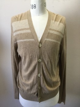 Mens, Cardigan Sweater, BANANA REPUBLIC, Lt Brown, Cotton, Heathered, M, with Cream Horizontal Stripes Across Chest, B.F., L/S, Ribbed Knit Cuff/Waistband