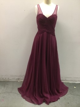 Womens, Evening Gown, DAVE & JOHNNY, Red Burgundy, Polyester, Rhinestones, Solid, 3/4, Sweetheart Neck, Plise Bodice, Full Length Flared Bias Skirt, Back Zipper, Mesh Straps with Rhinestones