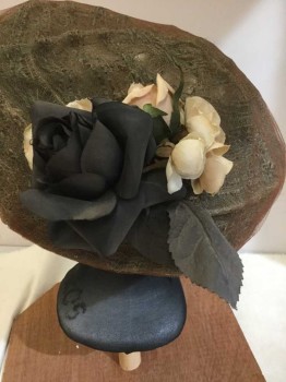 N/L, Olive Green, Brown, Black, Cream, Pink, Stripes, Floral, HAT:  Layers Olive Ribbon Lace W/brown Net Cover, W/black,pink,cream Cut-out Roses Piece On Brim,
