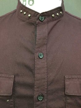 MARC ANTHONY, Wine Red, Cotton, Spandex, Diamonds, Heather Wine/darker Wine W/tiny Diamond Print, Stand Collar Attached W/brass Balls, Button Front, 2 Pockets W/flap, Long Sleeves, Spa