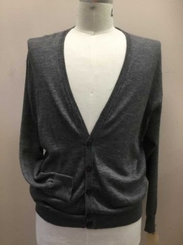 Mens, Cardigan Sweater, ROBERTS, Gray, Wool, Solid, XXL, Button Front, Deep V-neck, Long Sleeves,