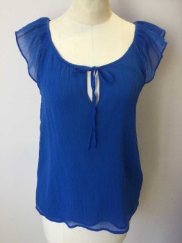 ZARA, Royal Blue, Silk, Solid, Sheer Royal Blue, Large Round Neck with Key Hole Front Center with Self Tie String, Smocking Shoulder W/self Elephant Ear Ruffle Sleeves, Pullover