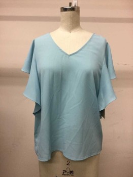 COLLECTIVE CONCEPTS, Powder Blue, Polyester, Solid, Ruffle Slv, V-neck, Ruched Shldrs