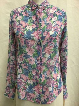 Ines De La Fressange, Pink, Mauve Purple, Dk Blue, Green, White, Polyester, Floral, Sheer, Button Front, Collar Attached,  Long Sleeves,