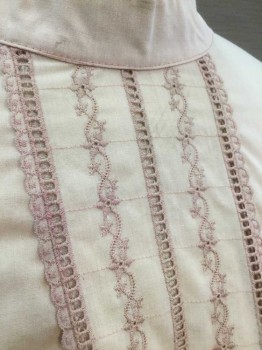 N/L, Lt Pink, Blush Pink, Cotton, Solid, Very Pale Pink with Light Pink Embroidery, Long Sleeves, Buttons In Back, Stand Collar, Light Pink Eyelet/Open Threadwork/Embroidery Vertical Stripes At Center Front, Puffy Gathered Sleeves, Made To Order **Aged - Has Dirt Stains Added Throughout,