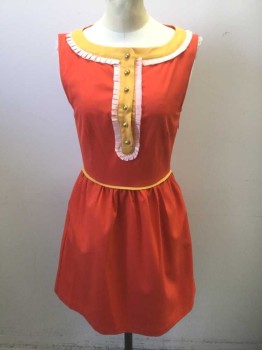 Womens, Dress, Sleeveless, DEAR CREATURES, Tomato Red, Mustard Yellow, Lt Pink, Polyester, Solid, XS, Tomato with Mustard Trim at Waist, Wide Scoop Neck and Button Placket, Sleeveless, 6 Gold Buttons at Center Front, Light Pink Pleated Ruffle at Neck and Button Placket, Pockets at Sides, Hem Above Knee, Retro Look
