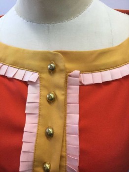 Womens, Dress, Sleeveless, DEAR CREATURES, Tomato Red, Mustard Yellow, Lt Pink, Polyester, Solid, XS, Tomato with Mustard Trim at Waist, Wide Scoop Neck and Button Placket, Sleeveless, 6 Gold Buttons at Center Front, Light Pink Pleated Ruffle at Neck and Button Placket, Pockets at Sides, Hem Above Knee, Retro Look