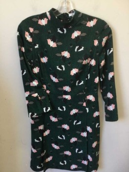 Womens, Dress, Long & 3/4 Sleeve, DEREK LAM, Black, Green, Pink, Gray, White, Polyester, Floral, Abstract , 1, Black W/green, Pink, White, Gray Floral Abstract Print, Mandarin  Collar Attached, 2 Pleat Front, and 2 Side Pockets Skirt, Zip Back, 3/4 Sleeves with 2 Buttons on Cuffs