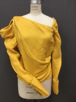 HELLESSY, Mustard Yellow, Silk, Linen, Stripes, Solid, Horizontal Textured Stripe, Pullover, Long Sleeves with Long Cuffs,  Asymmetrical Neckline, Shoulders and Side Ruching, Side Zip