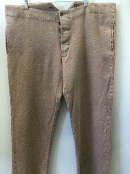 Mens, Historical Fiction Pants, N/L, Dusty Rose Pink, Wool, Solid, 33, 44, Flat Front, Button Front, Suspender Buttons on Inside of Waistband, 2 Pockets, Adjustable Back Waist Buckle Tab, Unlined, 1800's