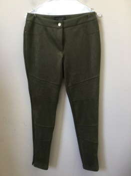 LAUNDRY, Olive Green, Synthetic, Solid, Stretch Ultrasuede with Top Stitching. Zip Fly. Skinny Fit Pants with Zippers at Cuffs. Faux Pockets