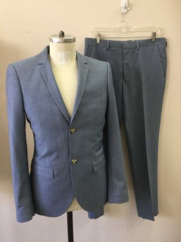 Mens, Suit, Jacket, TOPMAN, Lt Blue, Polyester, Viscose, Heathered, 38R, 2 Button Single Breasted, 1 Welt Pocket, 2 Pockets with Flaps
