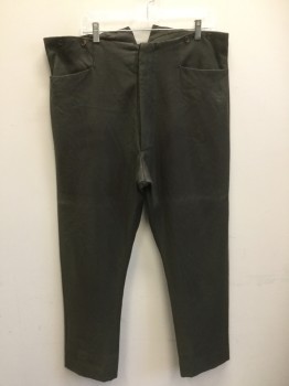 Mens, Historical Fiction Pants, N/L MTO , Olive Green, Wool, Solid, Ins:28, W:40, Ribbed Texture, Button Fly, High Waisted, Suspender Buttons at Outside Waistband, 2 Slanted Front Pockets, Belted Back, Made To Order Victorian Reproduction