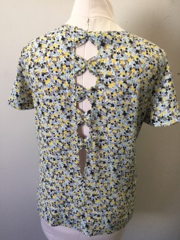 ZARA, Yellow, Navy Blue, Aqua Blue, Gray, White, Polyester, Elastane, Abstract , Geometric, Short Sleeves, Pullover, Keyholes with Bows Center Back,