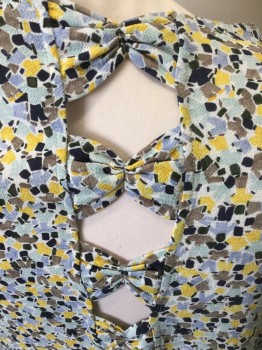 Womens, Top, ZARA, Yellow, Navy Blue, Aqua Blue, Gray, White, Polyester, Elastane, Abstract , Geometric, Large, Short Sleeves, Pullover, Keyholes with Bows Center Back,