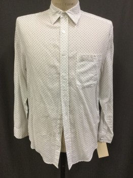ALAN FLUSSER, White, Midnight Blue, Cotton, Linen, Polka Dots, Button Front, Collar Attached, Long Sleeves, 1 Pocket,
