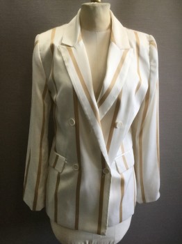Womens, Blazer, VINCE CAMUTO, White, Camel Brown, Polyester, Stripes, 4, Double Breasted, Silk-look, Peaked Lapel, 2 Pockets