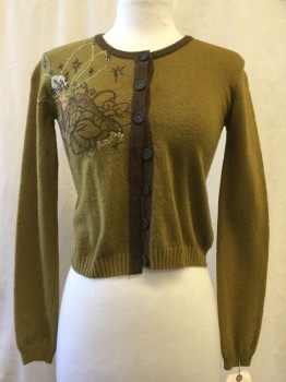 Womens, Sweater, MISS SIXTY, Moss Green, Dk Green, Wool, Acrylic, Novelty Pattern, Floral, XS, Sparkly Dark Brown Trim, Brown/ Green/ Gray/ Orange Floral & Fairy Embroidery, Rhinestone Detail, Button Front,