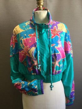 LAVON, Aqua Blue, Turquoise Blue, Hot Pink, Gold, Purple, Nylon, Polyester, Abstract , Novelty Pattern, Zip Front, Elastic Waist, Long Sleeves, Elastic Cuffs, Stand Collar with Drawstring, Pull Over, Shoulder pads, Starfish Print, Has Been Cropped From Hip Length Jacket