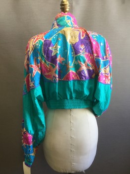 LAVON, Aqua Blue, Turquoise Blue, Hot Pink, Gold, Purple, Nylon, Polyester, Abstract , Novelty Pattern, Zip Front, Elastic Waist, Long Sleeves, Elastic Cuffs, Stand Collar with Drawstring, Pull Over, Shoulder pads, Starfish Print, Has Been Cropped From Hip Length Jacket