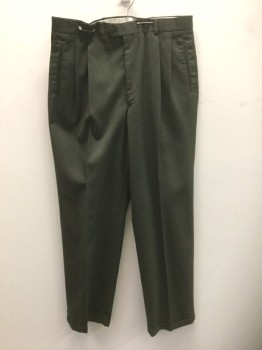 VELOCE, Dk Olive Grn, Polyester, Rayon, Solid, Twill, Double Pleated, Button Tab Waist, Zip Fly, 4 Pockets, Relaxed Leg, Cuffed Hems, 90's/00's