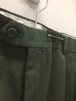VELOCE, Dk Olive Grn, Polyester, Rayon, Solid, Twill, Double Pleated, Button Tab Waist, Zip Fly, 4 Pockets, Relaxed Leg, Cuffed Hems, 90's/00's