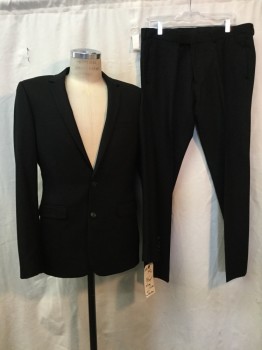 SANDRO, Black, Wool, Solid, Black, Notched Lapel, 2 Buttons,  3 Pockets,