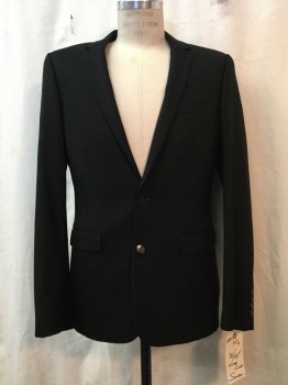 SANDRO, Black, Wool, Solid, Black, Notched Lapel, 2 Buttons,  3 Pockets,